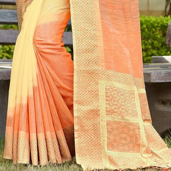 JHEAPS ORANGE COTTON DUAL SHADE WOVEN SAREE - Picture 3 of 4
